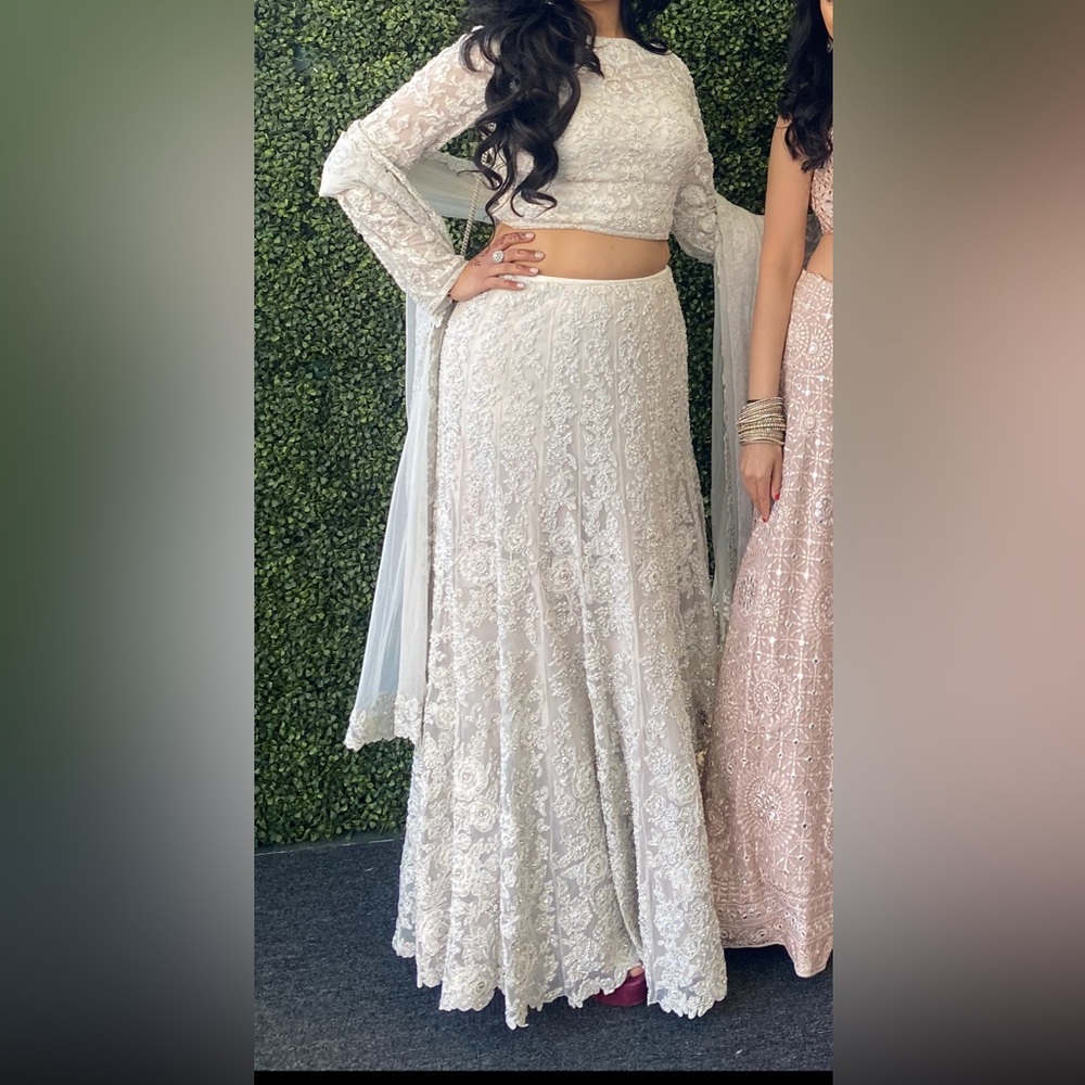 Light gray Indian Lengha sheer long sleeves and pearl beading